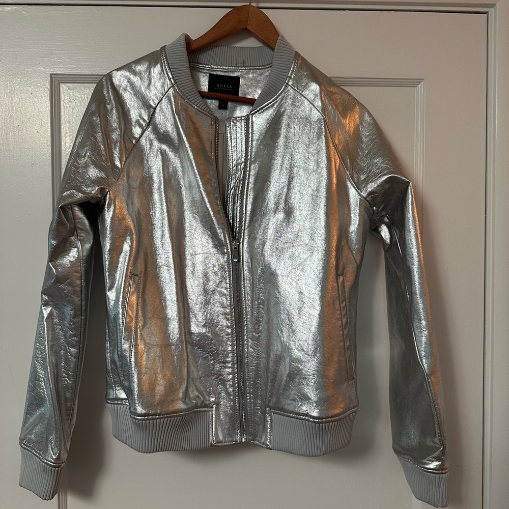 Guess Silver Bomber Jacket with Reflective Finish